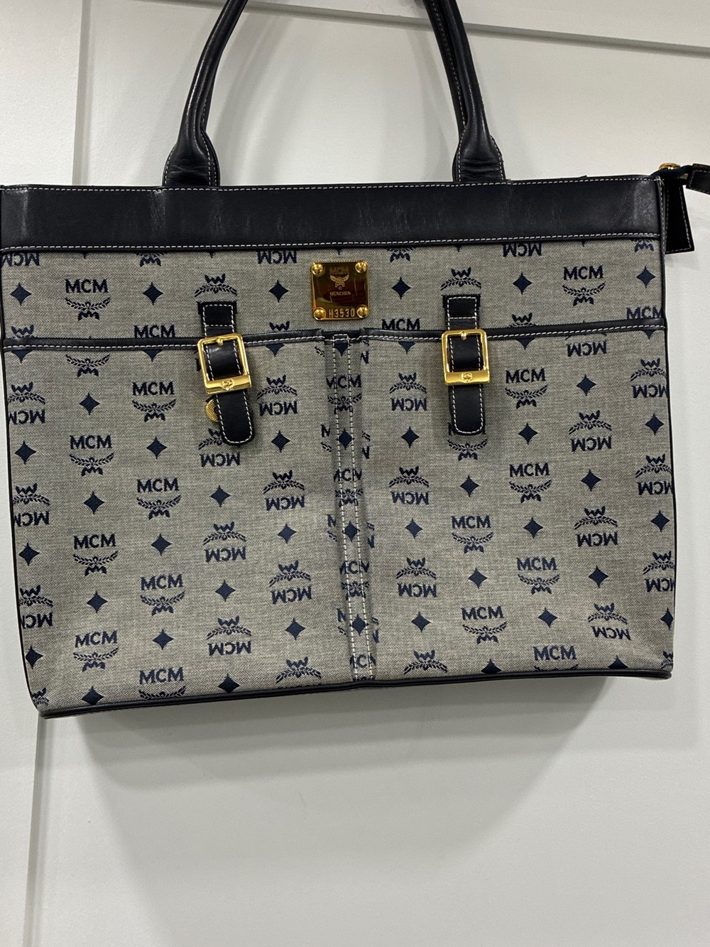 MCM Monogram Canvas Large Tote Bag Navy Blue Gold Hardware Shoulder Bag
